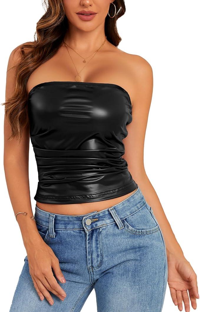 Women's PU Leather Tube Top Strapless Ruched Tank Tops Sexy Bandeau Going Out Shirt Partywear Club Concert Outfit, L
