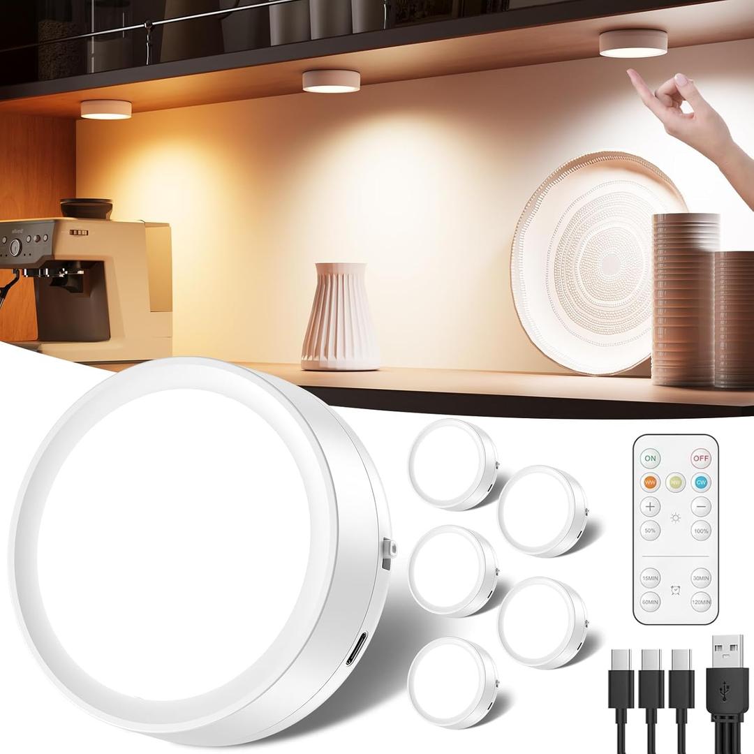 Rechargeable Puck Lights with Remote Control, 2400mAh Battery Powered Push Lights Stick On for Closet Magnetic Tap Light USB LED LED Display Shelf Lighting Kitchen Under Cabinet Press Button Light (6 Pack, 3000K/4000K/5000K)
