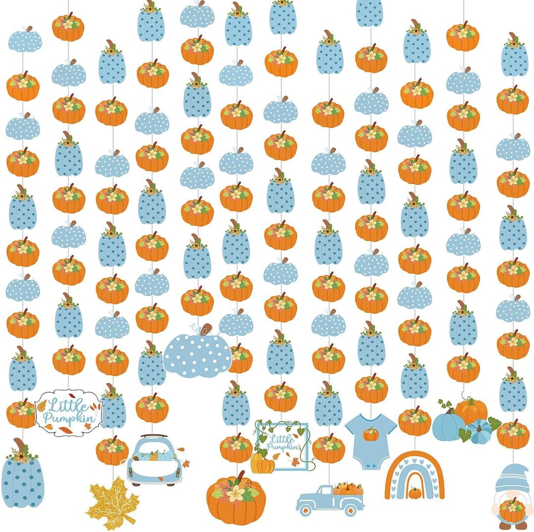 12 Pack Fall Little Pumpkin Party Hanging Decorations Blue Little Pumpkin Baby Shower Decorations Fall Truck Gnome Maple Leaf Hanging Swirl for Boy Harvest Paper Cutouts for Autumn Birthday (Multi Color)