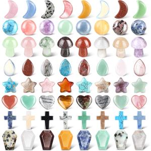 Nuenen 64 Pcs Crystals Worry Stones Bulk Healing Crystals Cross Coffin Moon Star Gemstone Teardrop Palm Pocket Quartz Sphere Ball Combination Bulk for Christmas Witchcraft Supplies