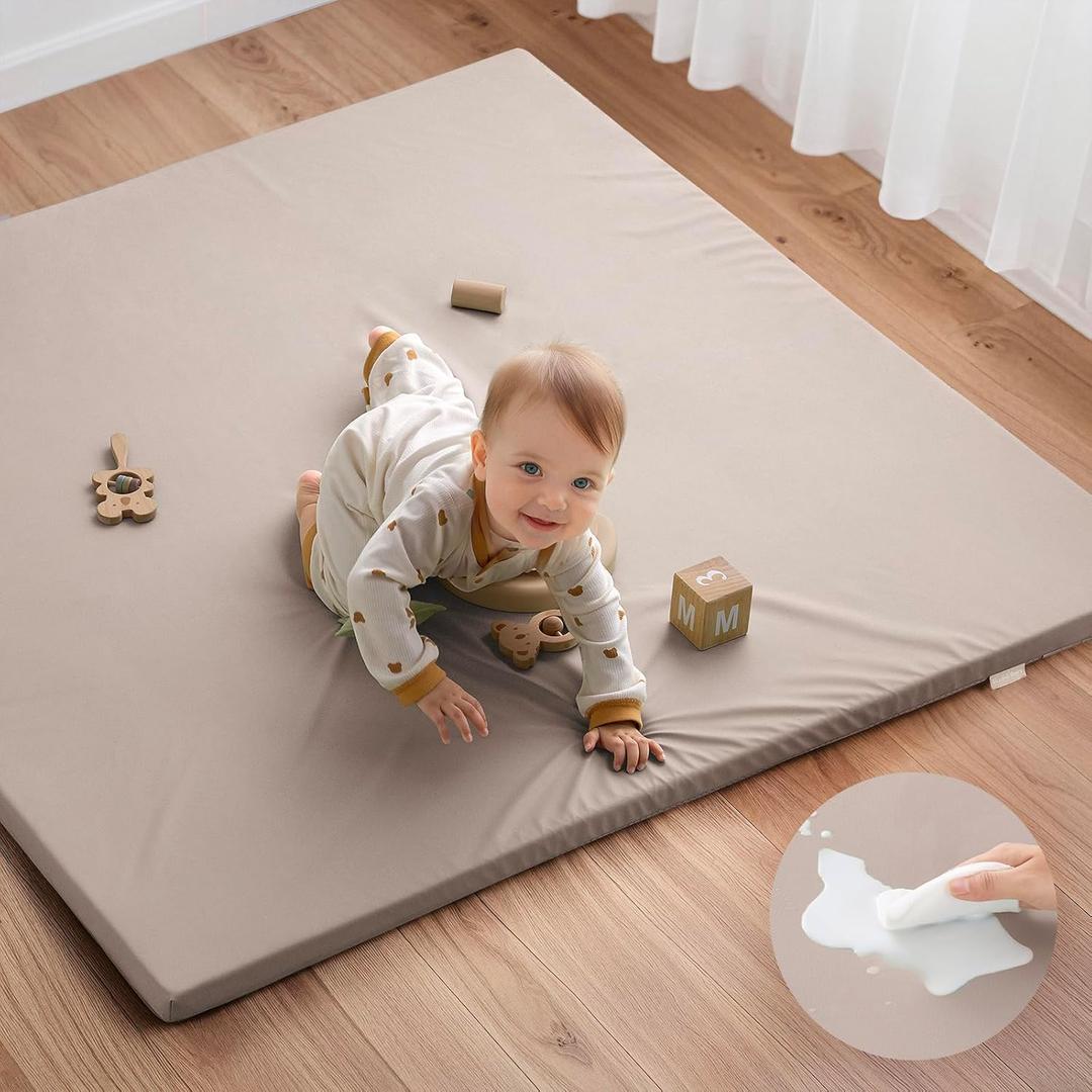 Blissful Diary Vegan Leather Baby Play Mat, 50x50 Thicken Foam Cushioned & Waterproof Playpen Mat for Infants and Toddlers, Stylish and Just Wipe-Clean Playmat for Baby Play on Floor, Brown Gray (50" X 50")