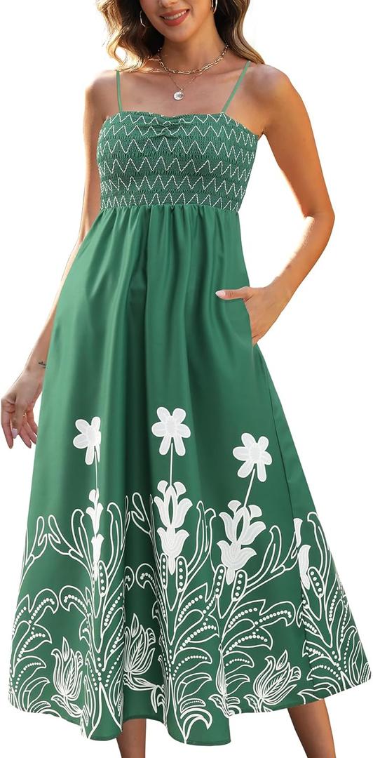 Gardenwed Women's Floral Print Maxi Dress,Spaghetti Strap Smocked Bodice A-Line Sundress with Pockets (Green, M)