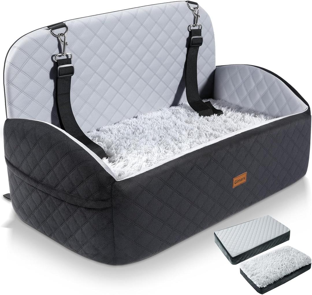 Gimars Upgrade Dog Car Seat with Reversible Long & Short Plush Seat Cushion for Small/Medium/Large Dogs Up to 60lbs, Detachable Washable Anti-Slip Dog Booster Seat with 5.1'' 28D Egg-Crate Foam, L (Double-Wide (18.89x29.9''))