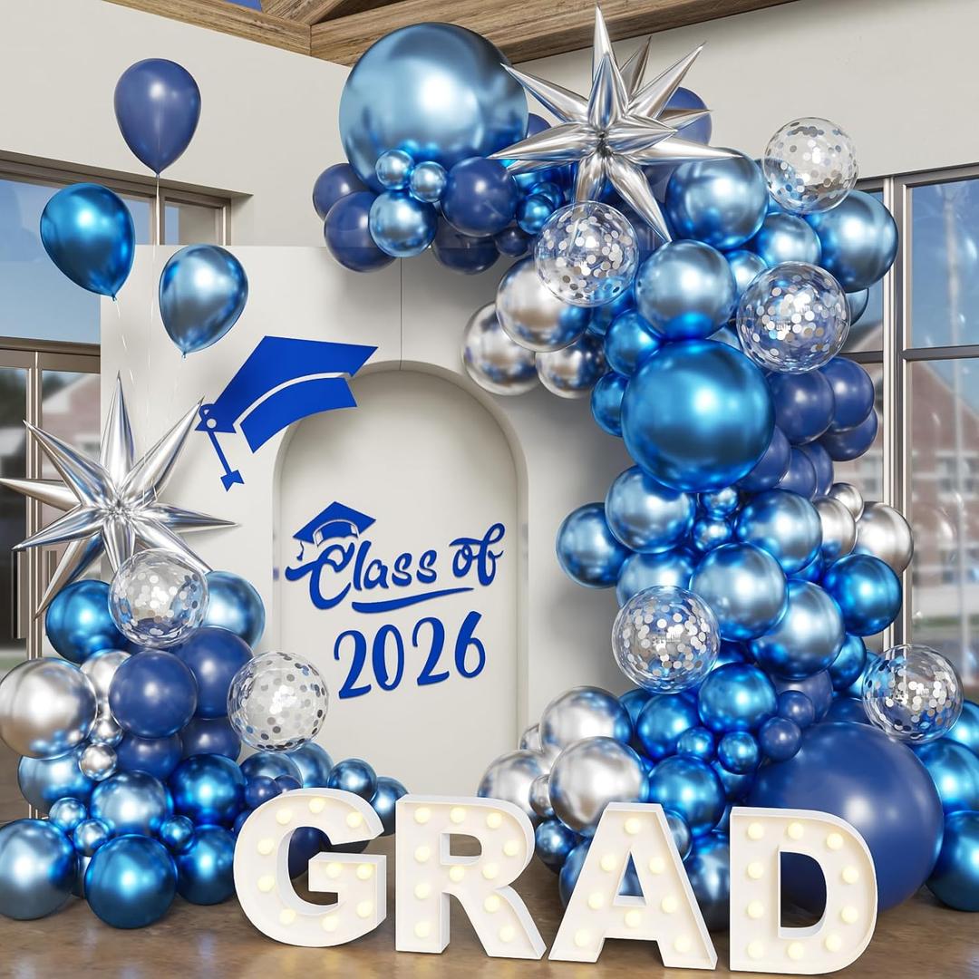 Blue Silver Balloon Arch Kit, 130Pcs Navy Blue Metallic Blue Silver Balloons with Foil Star Confetti Balloons for College High School Graduation Decorations Class of 2026
