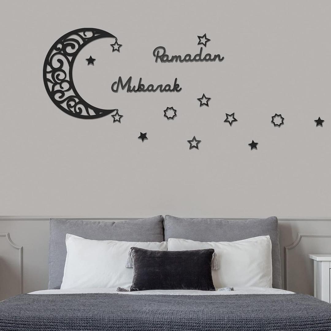 Yalikop 15 Pcs Ramadan Wall Decor Wooden Ramadan Mubarak Sign Moon Star Wall Art Decorations for Home Eid Islam Muslim Party Accessories(Black)