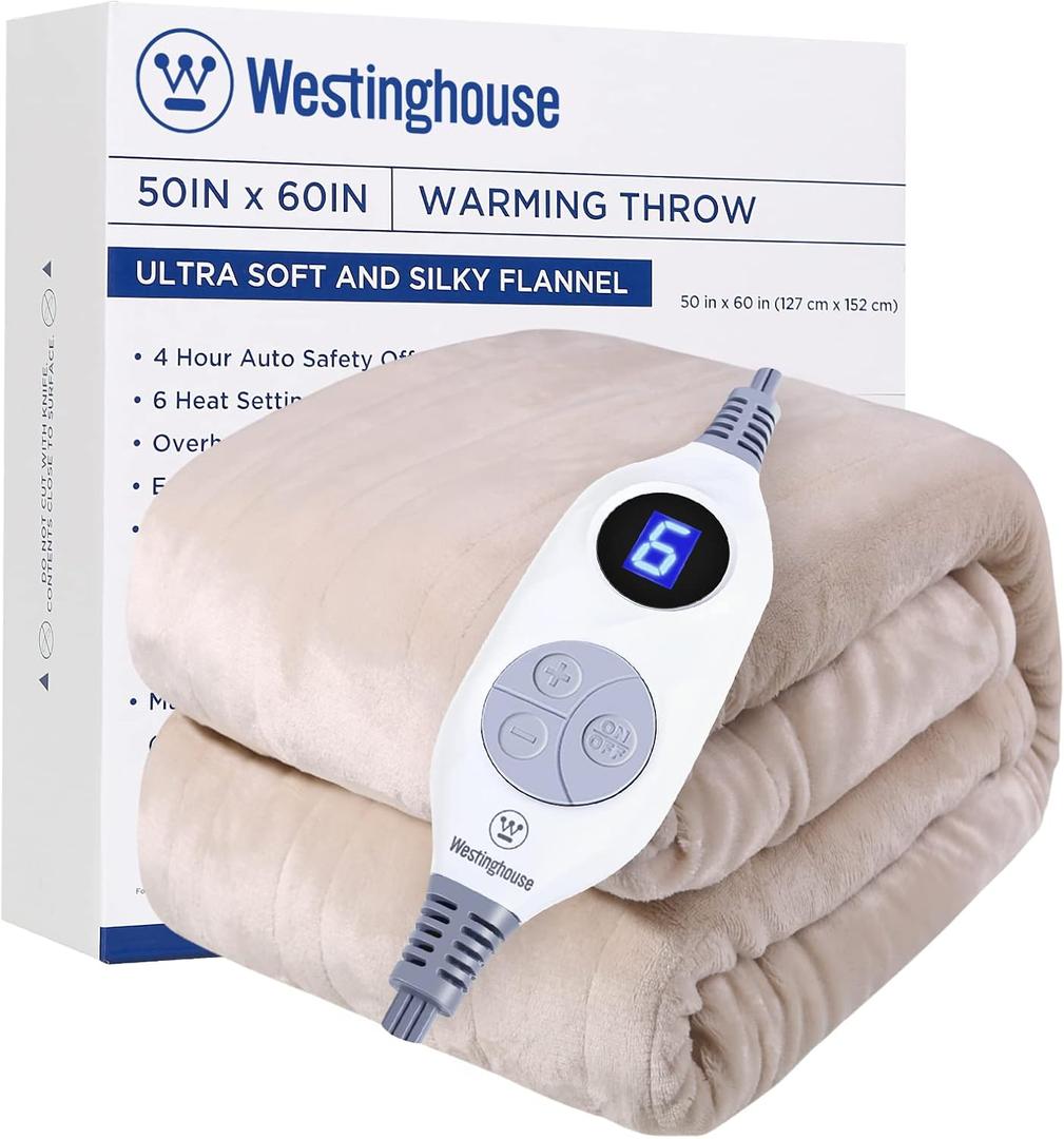 Westinghouse Heated Blanket Throw, Electric With 6 Heating Levels, 2-10 Hours Time Settings, Overheat Protection, Machine Washable, Flannel (50x60 Inches, Beige)