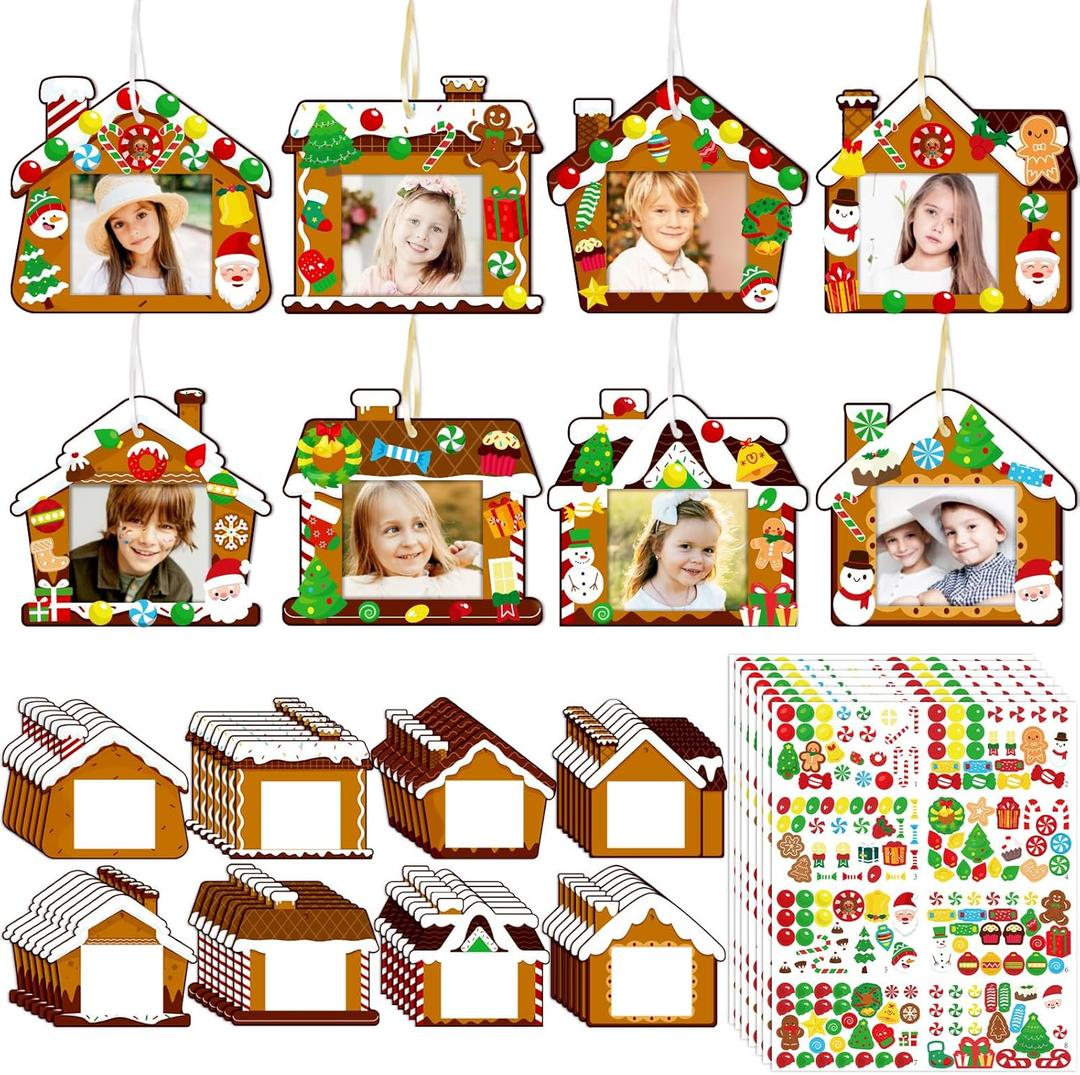 56Pcs Christmas Gingerbread House Picture Frame Crafts Kit - DIY Xmas Photo Ornaments Bulk Decorations for Winter Holiday Party Supplies DecorAssembly Needed
