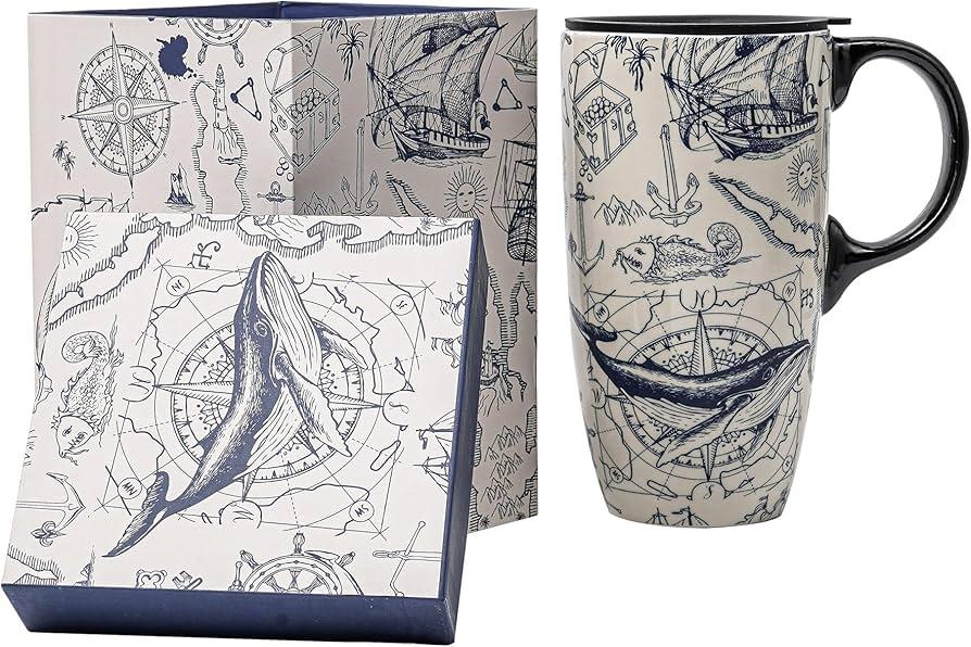 Voltogar Ceramic Coffee Mug Travel Cup with Lid and Handle for Home & Office, 17Oz Porcelain Tall Tea Cup with Color Box, 6.5" H Ocean Mug