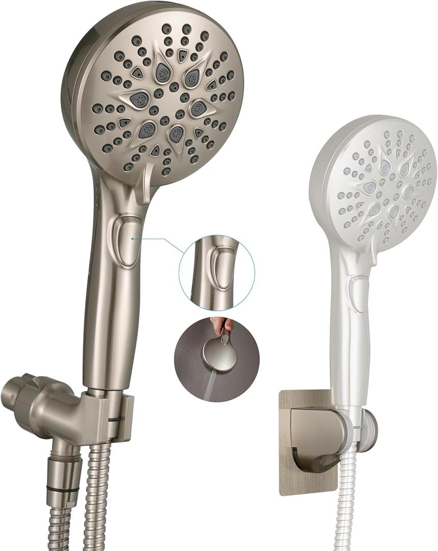 GwernKB Handheld Shower Head with on off Switch&Built-in Power Spray,7-Setting High Pressure Shower Wand with 79in Long Hose&Bracket and Extra Adhesive Shower Holder for Lower Mount,Brushed Nickel