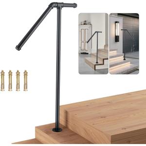 Single Post Handrail for Outdoor Steps - 41" Height Black Powder Coated Steel, DIY Tool Kit Included, Fits 1 or 2 Steps, Easy Installation & Corrosion Resistant