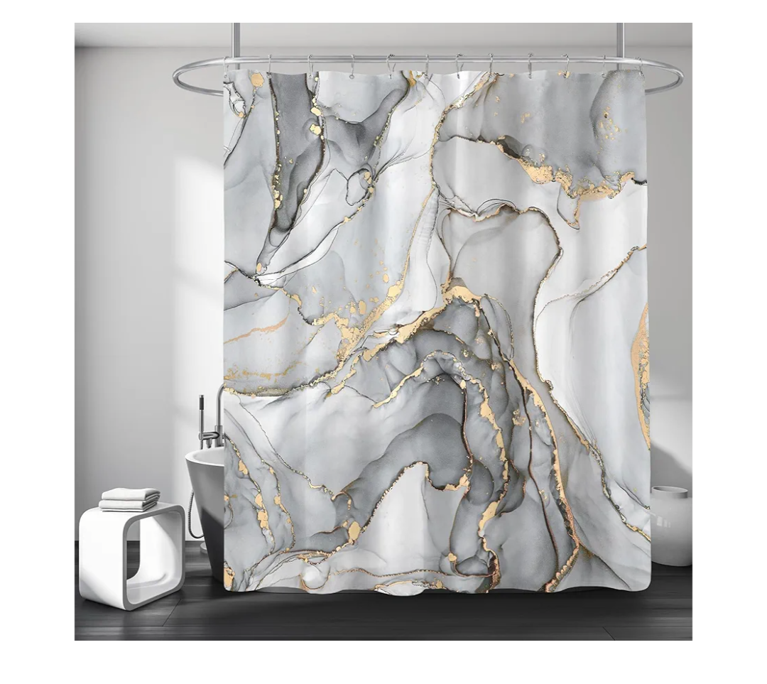Grey Marble Shower Curtain, Modern Abstract Fabric Shower Curtains for Bathroom, Luxury Art Decor Silver Gray Gold Ink Texture Watercolor Shower Curtain Set with Hooks 72x72