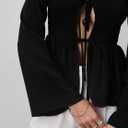 Women's Long Sleeve Shirred Peplum Going Out Tops Y2K Tie Front Babydoll Shirt Blouses (Black, M)