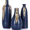 Blue and Gold Mini Ceramic Vase Set of 3, Small Ceramic Vase Set for Decorative, Bud Vases for Centerpieces Nightstand Kitchen, Boho Farmhouse Home Coffee Table Tray Decor