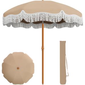 AreShark 7ft Patio Umbrella with Fringe, UPF50+ Beach Umbrella for Table, Pool & Garden, Portable Outdoor Tassels Umbrella w/Fiberglass Ribs&Push Bottom Tilt(Beige)