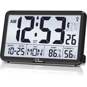 WallarGe Atomic Wall Clock with Backlight, Digital Wall Clock Battery Operated for Classroom, Bedroom, Office, Large Display with Indoor Temperature, Humidity, Date, AUTO DST, 6 Time Zones (Black)