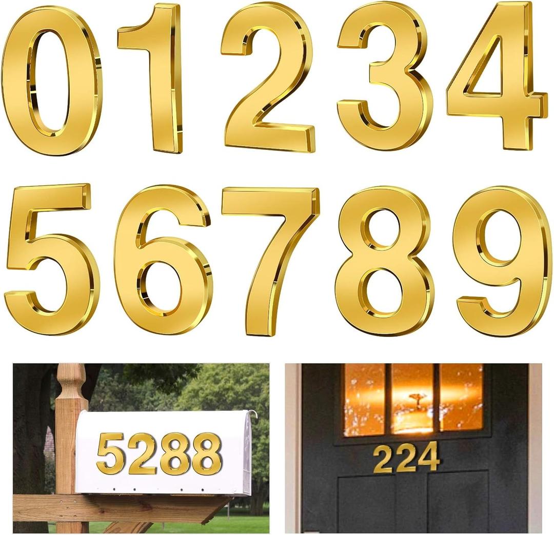 Ranslen 10 Pieces 4 Inch High House Numbers 0-9, Self-adhesive 3D Mailbox Numbers Door Address Home Number Stickers Sign for Apartment Mailbox Sign Office Hotel Room, Gold Electroplated Plastic