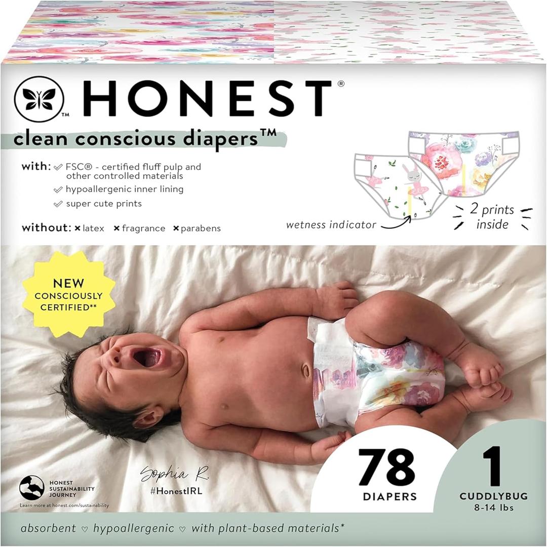 The Honest Company Clean Conscious Diapers for Sensitive Skin, Hypoallergenic, Fragrance Free, Girl Prints, Club Box, Size 1 (8-14 lbs), 78 Count (Size 1 (78 Count), Rose Blossom + Tutu Cute)
