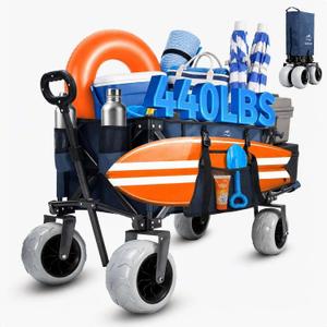 Beach Wagon with Extended Tailgate, 9" Big Sand-Proof Wheels, Heavy Duty 200L Oversized Foldable Beach Cart, 440LBS Utility Wagon with Side Pocket for Sand,Camping,Vacation