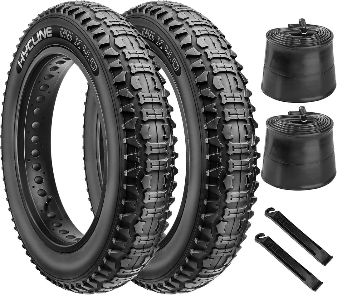 26x4.0 Fat Bike Tires Set: Hycline 2-Pack 26x4 Inch Heavy Duty Folding Electric Fat Tires Replacement, Puncture-Resistant All-Terrain Mountain Bike Tires with Inner Tubes and Tire Levers
