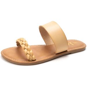 LM Women's Braided Slide Sandals Open Toe Two Band Slip On Flat Sandals Casual Summer Sandals (8, Beige)