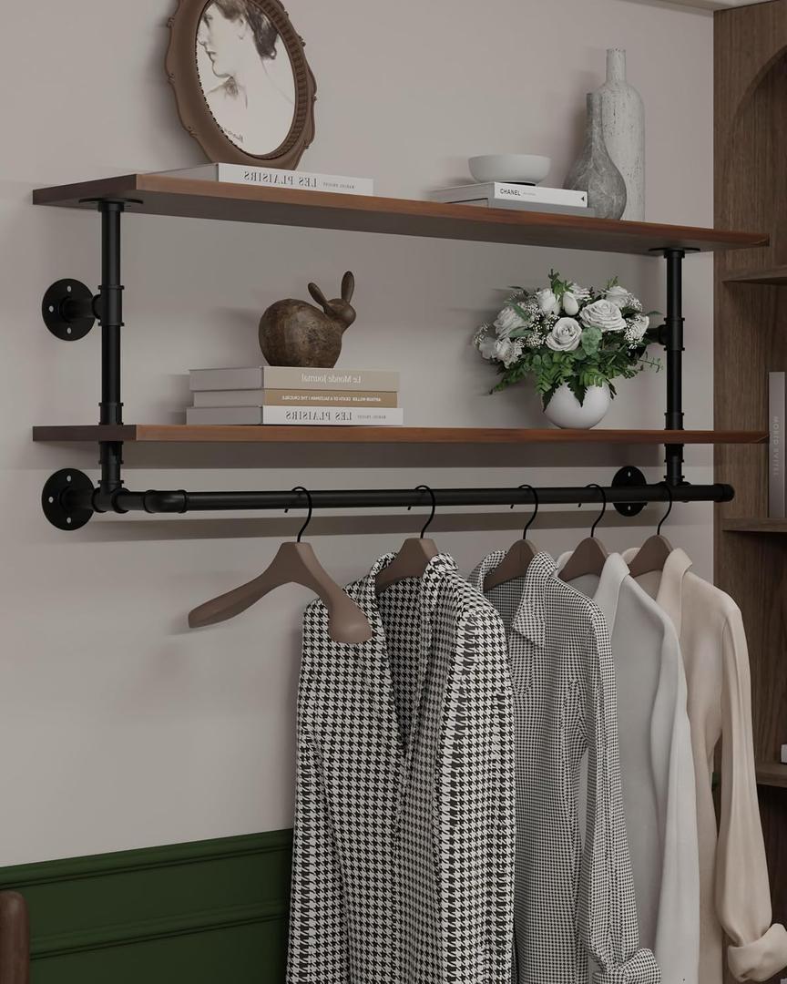 Clothes Rack 48in, Wall Mounted Garment Rack with Real Walnut Wood Shelf, Heavy Duty Hanging Clothes Rack, Multi-Purpose Hanging Rod, Space-Saving Closet Storage (Walnut, 2T48IN)