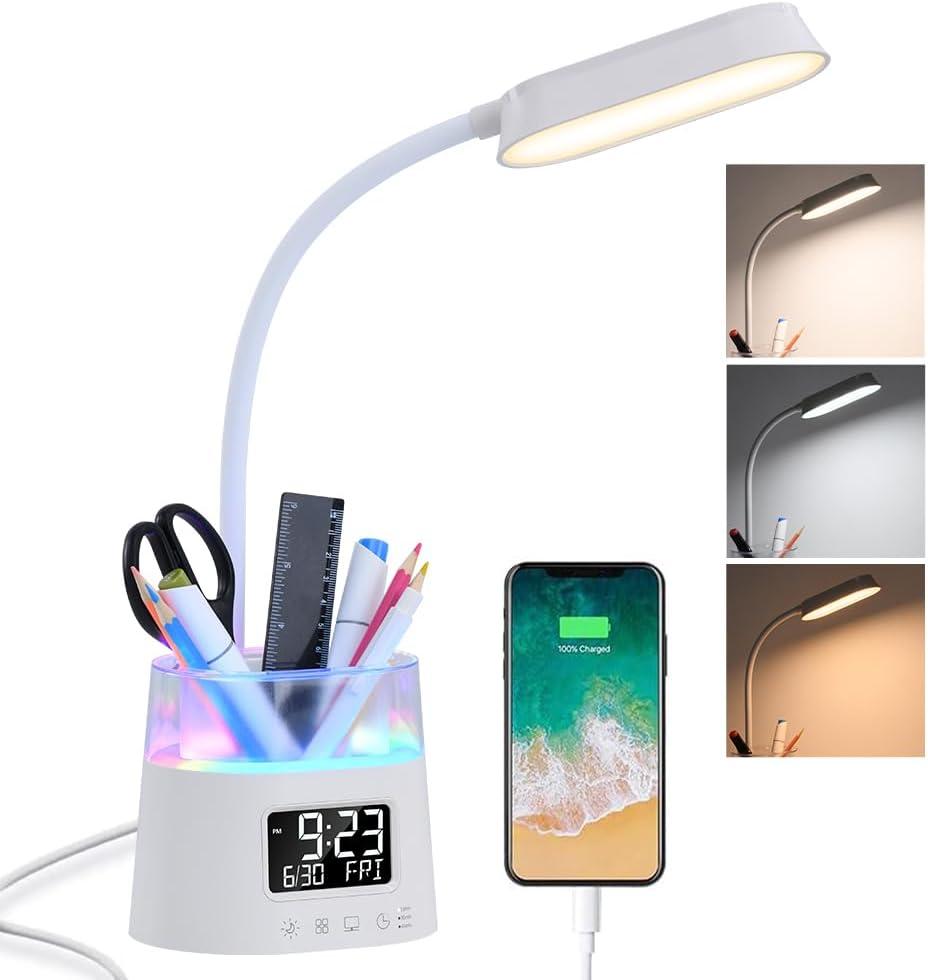 WILIT LED Desk Lamps for Home Office with Pen Holder, Table Lamp for Bedroom with USB Charging Port & Clock, RGB Night Light, Study Lamp for Kids Student, Desk Lamp for College Dorm Room Essentials (White)