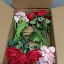 Fake Flowers, 14 Pcs Red Roses & Artificial Lilies Silk Flowers Faux Flowers for Vase Realistic Artificial Flowers Home Decor Bedroom Office Spring Desk Wedding Decoration House Warming Gifts