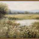 Vintage Landscape Wall Art Spring Wildflower Field Pictures Wall Decor Rustic River Pond Painting Prints Nature Wilderness Scenery Poster Framed for Bedroom Bathroom Home Kitchen Decoration 12x16 Inch
