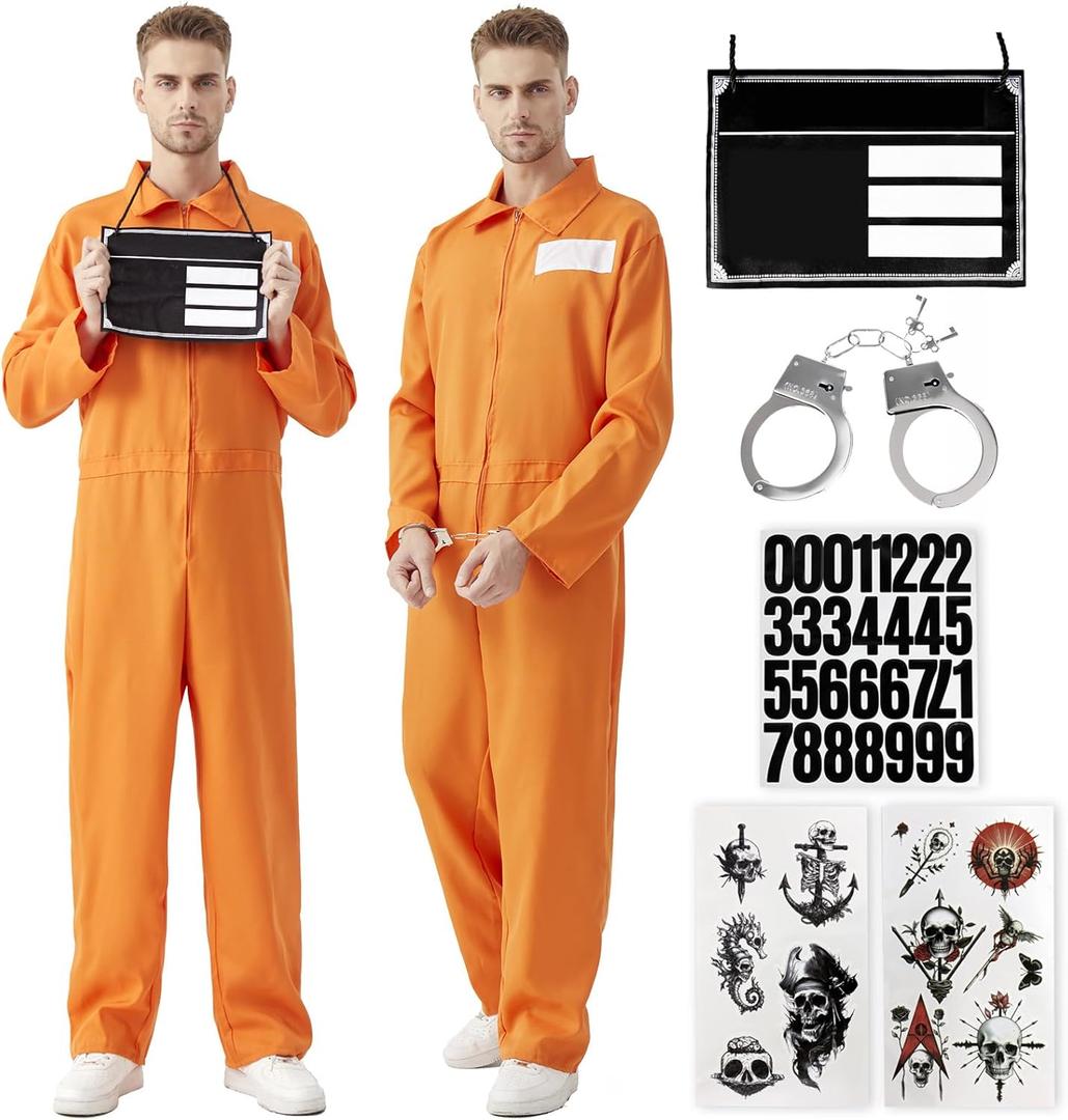 MGparty Prisoner Jumpsuit Men Halloween Costume Orange Inmate Jail Uniform for Adults Halloween Cosplay Outfit for Men (Medium)