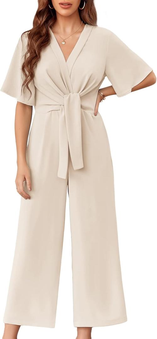 GAMISOTE Womens Wide Leg Jumpsuits Short Sleeve Tie Knot Front Summer Long Romper (Beige, S)