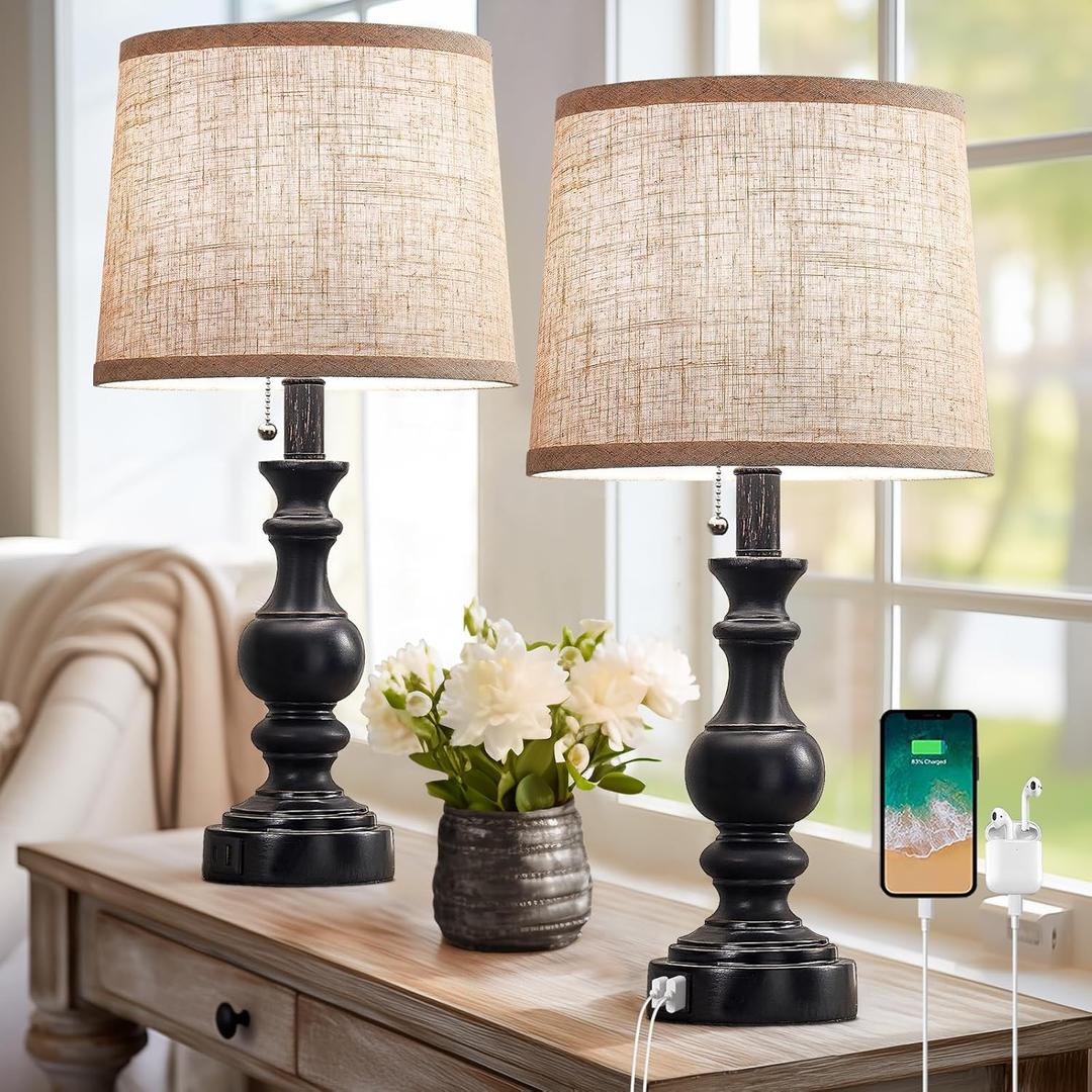 Table Lamps for Bedroom Set of 2 Farmhouse Bedside Lamps for Nightstand with USB C+A Charging Ports, Vintage Traditional Side Table Lamps for Living Room - Bulbs Not Included