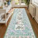 GarveeHome Blue Green Pink 2x6 Washable Kitchen Runner Rugs Non Slip Provence Botanical Grove Vintage Boho Cottage Long Rug for Hallways Bedroom TPE Rubber Backing