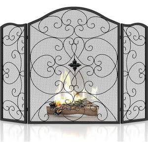 Fireplace Screen 3 Panel Wrought Iron 50"(L) x 36"(H) Modern Stylish Foldable Safety Fire Place Fence Spark Guard Cover Black