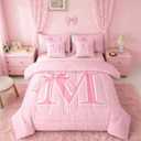 Feelyou Pink Bow Comforter Set with Sheets 7 Piece King Size Dreamy Princess Bow Bedding Set for Kids Boys Girls Personalized Letter M Bed in a Bag Room Decor Soft Microfiber