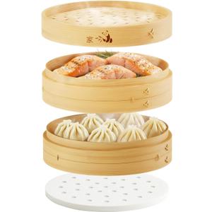 Prime Home Direct Bamboo Steamer Basket 8-Inch | 2-Tier Steamer for Cooking | 50 Liners | Small Instant Steaming Cookware Asian Food, Bao Buns, Chinese, Dim Sum, Dumpling, Rice, Vegetable Steam Pot