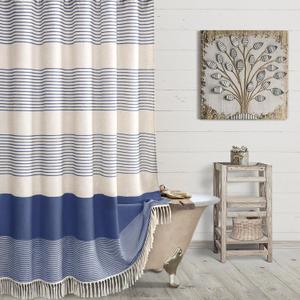 Awellife Blue Farmhouse Shower Curtains for Bathroom,Boho Flax Texture Striped Shower Curtain with Tassels Linen 72x72