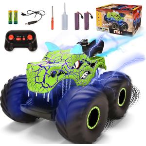 Remote Control Dinosaur Car Toys for Kid Boys, 2.4GHz RC Monster Truck Toys with Spray, Light, Sound, All Terrain Rechargeable Electric RC Car Toy, Gifts for 4-7 8-12 Kids (Green)