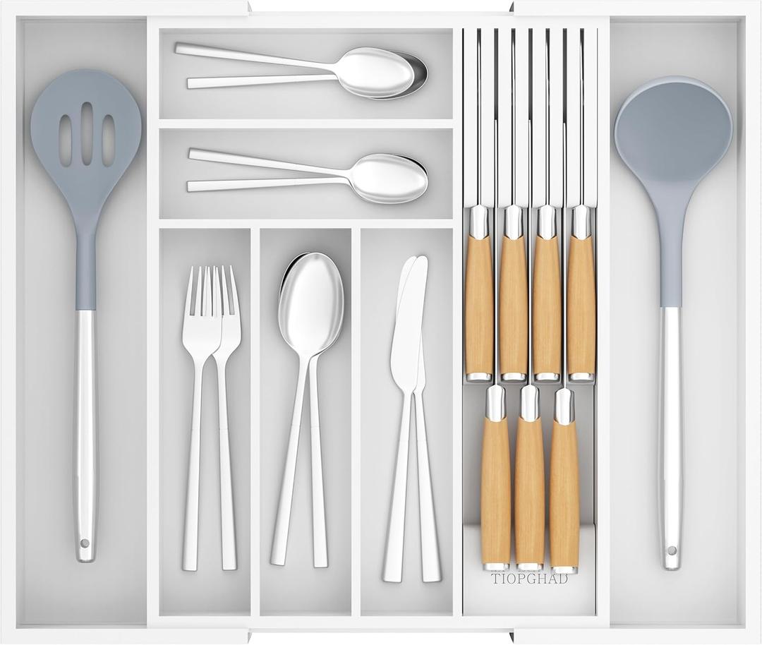 Bamboo-Silverware-Drawer-Organizer-Kitchen, Expandable Utensil Holder Cutlery Tray Flatware Organization Adjustable Wood Tableware Dividers Storage (with Removable Knife Block) (White, Large)