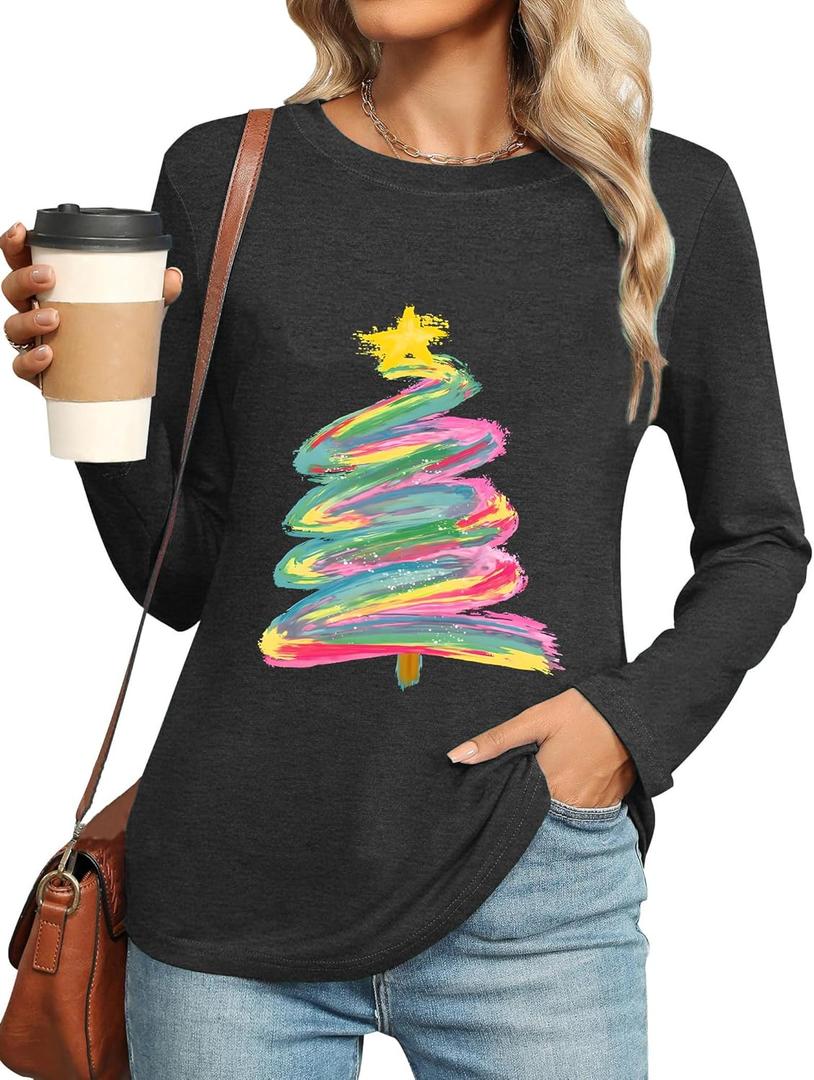 Merry Christmas Shirts for Women Funny Christmas Tree Graphic T-Shirt Xmas Casual Long Sleeve Pullover Tops (Small, Dark Grey)