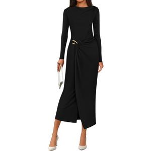 PRETTYGARDEN Women's Fall Wedding Guest Cocktail Midi Dresses Elegant Long Sleeve Bodycon Ruched Dress 2026 Fashion Clothing (Black, XL)
