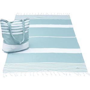 Turkish Beach Towel And Tote Bag - Beach Bag Tote And Turkish Towel Set. Travel, Picnic Blanket, Yoga. Women or Men. (Aqua)