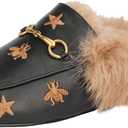 Arqa Fur Mules for Women Comfortable Leather Buckle Mule Flats Furry Padded Backless Loafers Casual Slides Shoes (8, Black Stars)