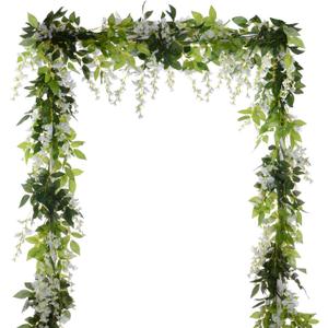 DearHouse 4Pcs 6.6Ft/Piece Artificial Flowers Silk Wisteria Garland Artificial Wisteria Vine Rattan Silk Hanging Flower for Home Garden Outdoor Ceremony Wedding Arch Floral Decor (White)