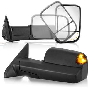 Power Heated Towing Mirror Compatible for 2009-2018 Dodge Ram 1500 2500 3500/2019-2024 Ram 1500 Classic w/LED Turn Signal Light Arrow Light Temperature Sensor -2 PCS (Black)