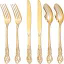 Joyido 300Pieces Gold Plastic Silverware - Heavy Duty Gold Disposable Utensils - Vintage Plastic Cutlery Set Includes 100 Forks, 100 Spoons, 100 Knives for Dinner Parties Weddings