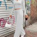 Trendy Queen Women's 2 Piece Matching Lounge Sets Long Sleeve Henley Neck Slightly Crop Top Wide Leg Pants Casual Sweat Suit (Gray, S)