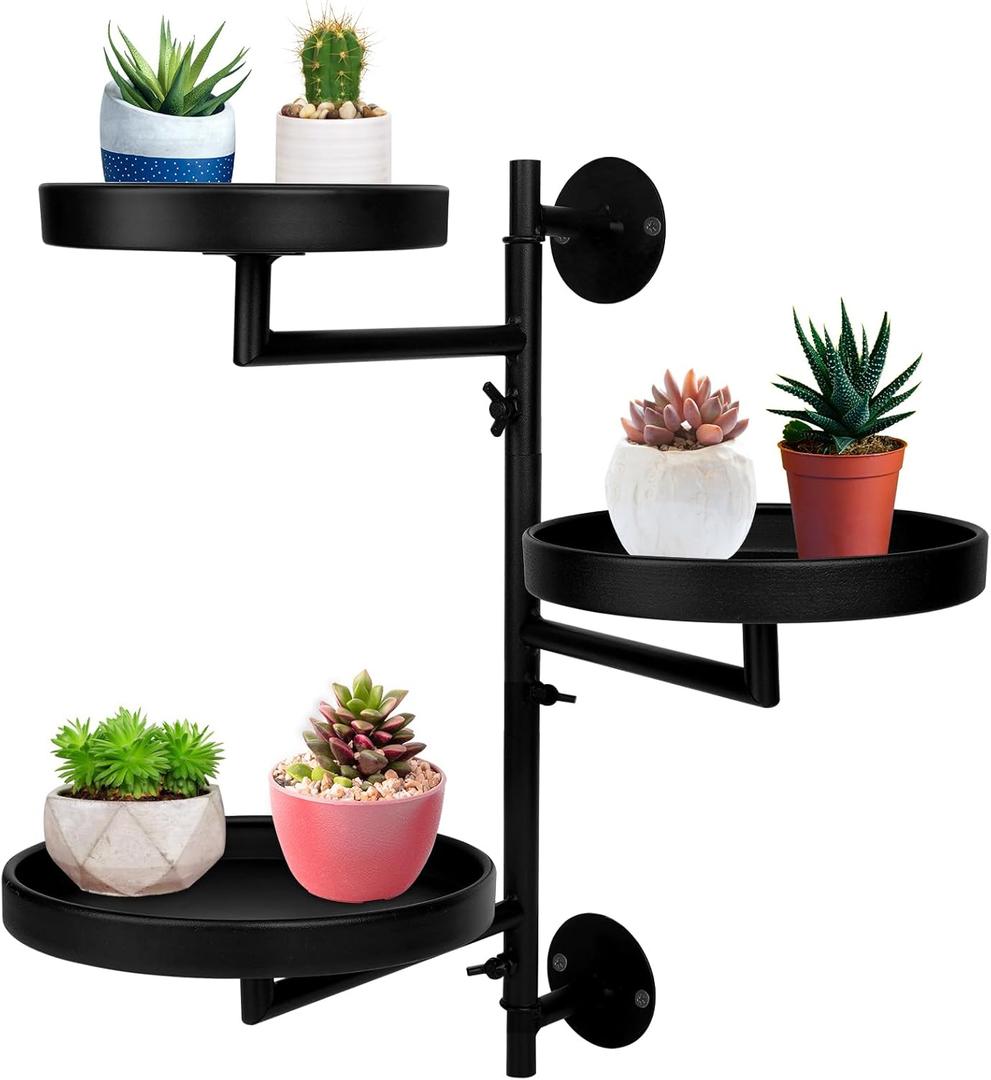 Rotating Window Plant Shelves with Adjustable Knobs, 3 Tiers Metal Wall Shelf for Plants Indoor, Sturdy Hanging Plant Holder, Window Wall Decor & Gardening Gifts (Black)