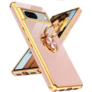 LeYi Case for Google Pixel 7 Pink | 360 Rotatable Ring Holder, Magnetic Kickstand, Plating Rose Gold Edge, Protective