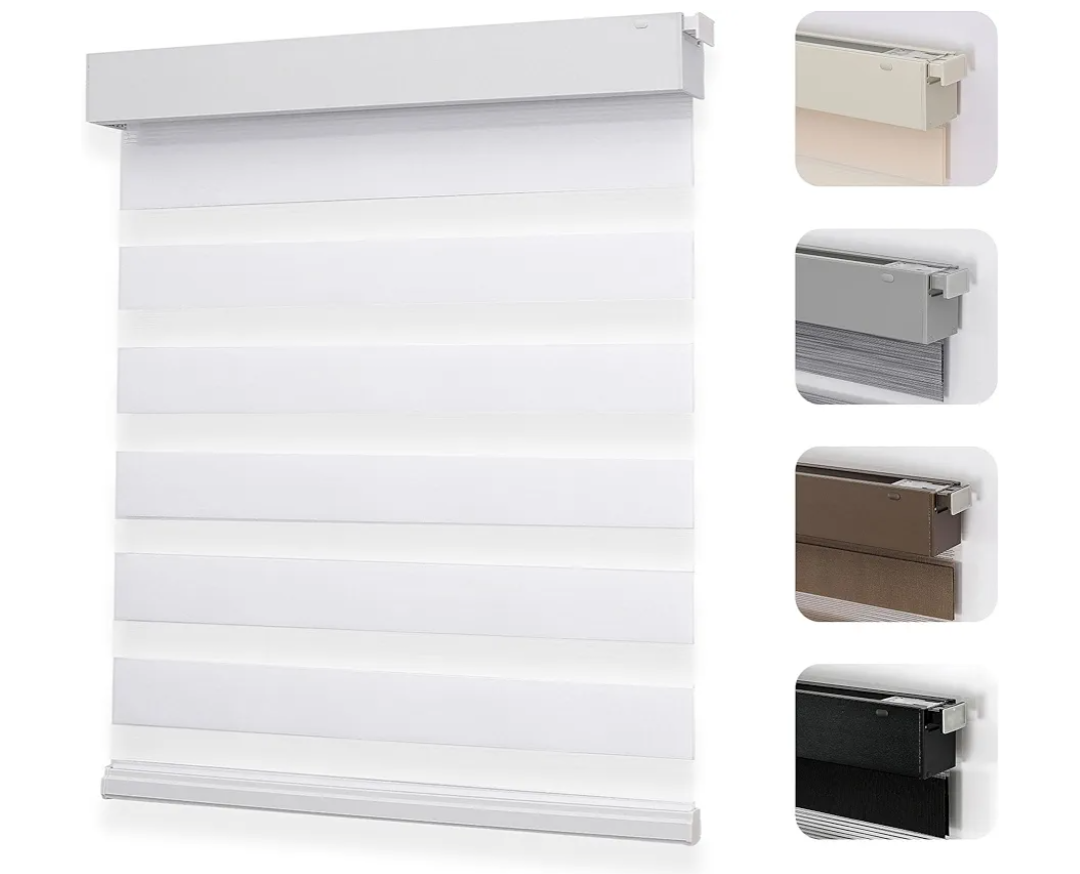 Joydeco No Drill Zebra Blinds for Windows, Cordless Day & Night Dual Sheer Roller Shades, Easy Installation, Free-Stop Lift System, Light Filtering Privacy Blinds for Home(White,34" W x 75" H)