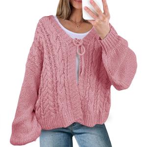 Saodimallsu Womens Tie Front Cardigan Sweaters Cable Knit V Neck Lantern Long Sleeve Casual Loose Sweater Coats Pink (L)